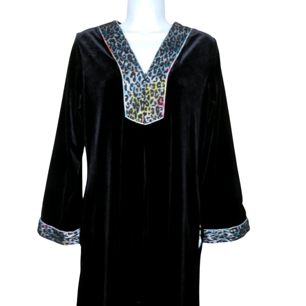 Vintage Oscar De La Renta Pink Label Black Velvet Tunic Top Leopard Print Trim S